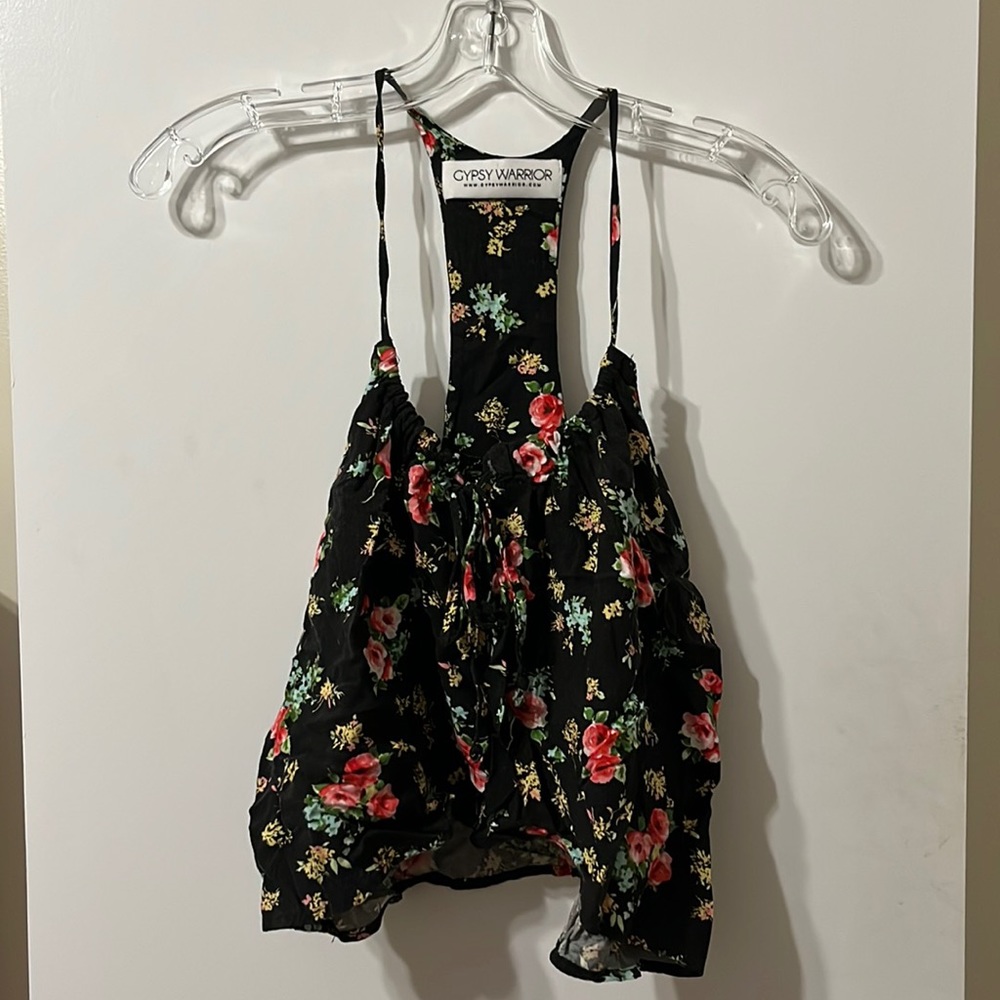 black crop top with pink flowers